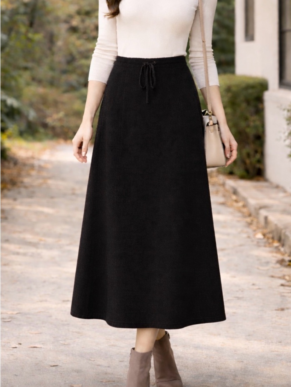 Ines de la Fressange Classic Wool Blend Longline Drawstring Black Maxi Skirt